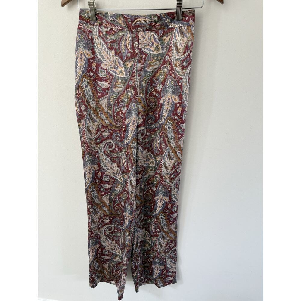Zara Womens Wide Leg Floral Pants Small Elastic Waist Burgundy Boho Festival